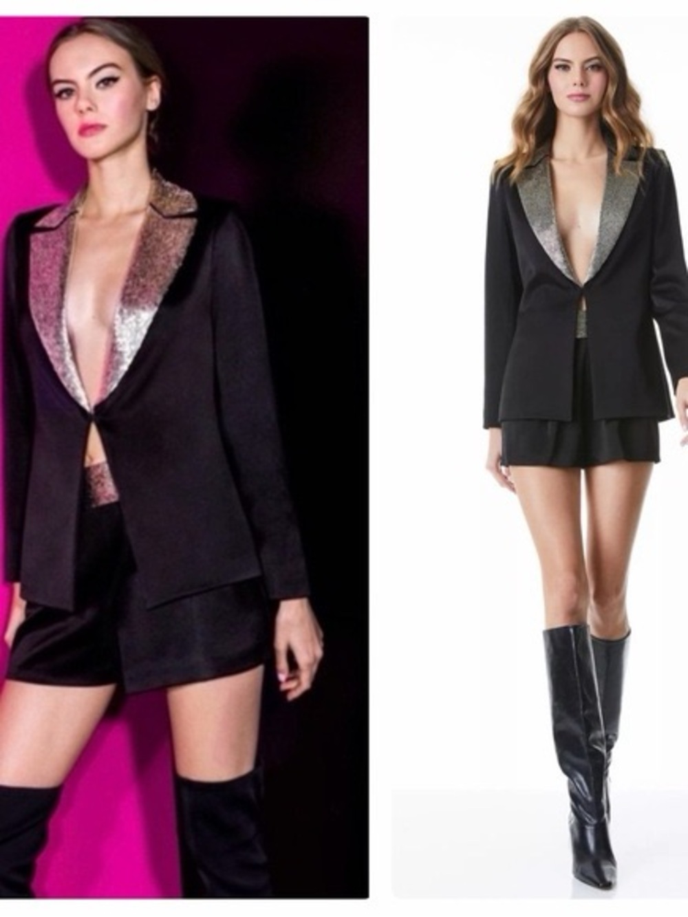 Alice + Olivia Black Silver Beaded Blazer Shorts Suit Set 6/8 - Picture 8 of 13